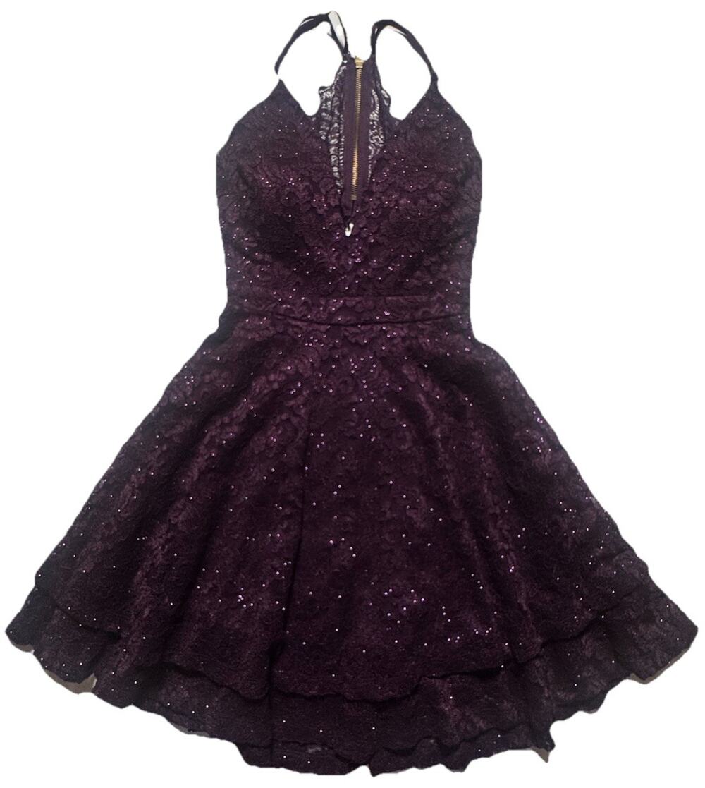 Honey and Rosie Purple Glitter Lace Fit Flare Cocktail Party Dress Womens M